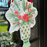 Christmas Holly Block Print Vase with Arrangement Door Hanger