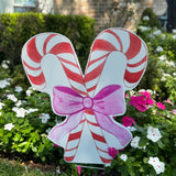 Candy Canes with Pink Bows Yard Stake