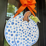 Blue and White Spotted Pumpkin Door Hanger