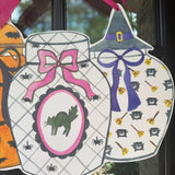 Halloween Ginger Jars Trio with Pink Bow Door Hanger