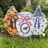 Halloween Ginger Jars Trio with Pink Bow Yard Stake