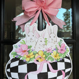 Check Black and White Egg with Bunnies Door Hanger