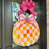 Checkered Pink and Orange Pumpkin Door Hanger