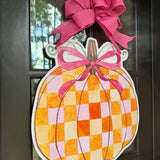 Checkered Pink and Orange Pumpkin Door Hanger