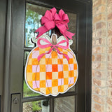 Checkered Pink and Orange Pumpkin Door Hanger